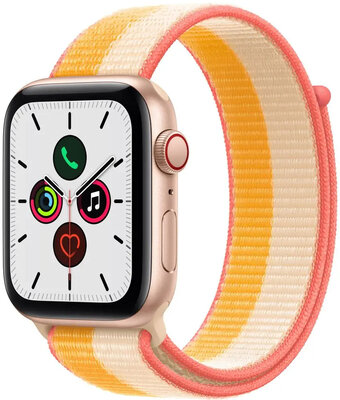 Apple Watch SE GPS + Cellular, 44mm pouzdro ze zlatého hliníku s oranžovožlutým/bílým sportovním řemínkem