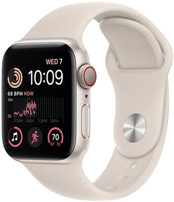 Apple Watch SE (2022) GPS + Cellular, 40mm Pouzdro z hvězdně bílého hliníku, bílý sportovní řemínek