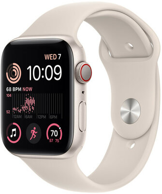 Apple Watch SE (2022) GPS + Cellular, 44mm Pouzdro z hvězdně bílého hliníku, bílý sportovní řemínek