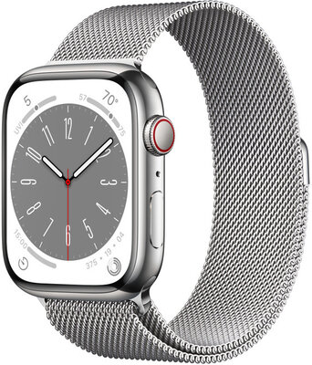 Apple Watch Series 8, GPS + Cellular, 45mm Pouzdro ze stříbrné nerezové oceli, milánksý tah