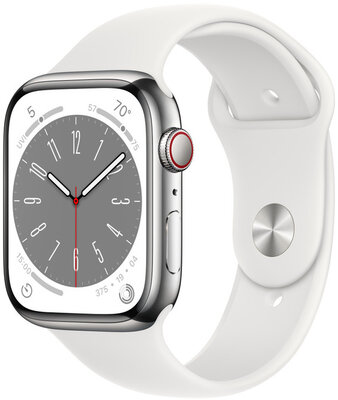 Apple Watch Series 8, GPS + Cellular, 45mm Pouzdro ze stříbrné nerezové oceli, sportovní řemínek