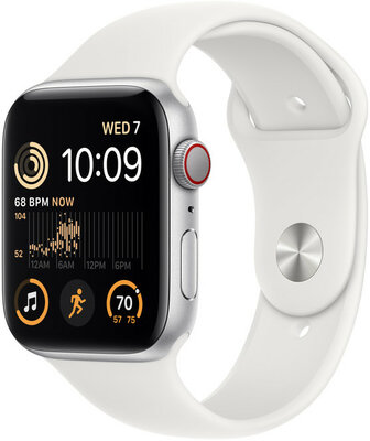 Apple Watch SE (2022) GPS + Cellular, 44mm Pouzdro ze stříbrného hliníku, bílý sportovní řemínek