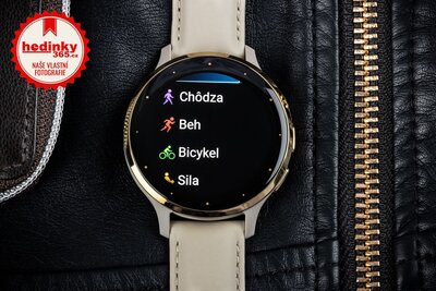 Garmin Venu 3S Cream Gold / French Gray, Sand Leather Band (Premium) (+ náhradní silkonový řemínek)