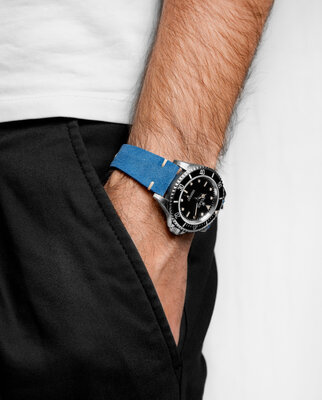 Kožený řemínek Hirsch Serro L 05564080-2, modrý, antilopí kůže, Limited Edition, délka L, Quick Release