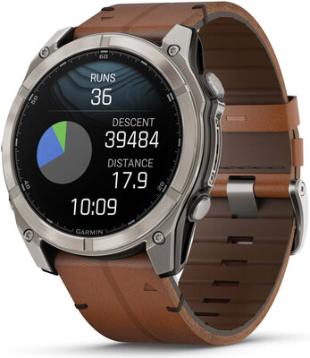 Garmin Fenix 8 AMOLED 51 mm, Exclusive Titanium Graphite Brown Leather Band (Premium) (+ náhradní řemínek) (rozbalené)
