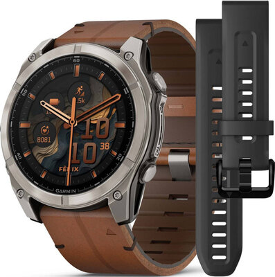 Garmin Fenix 8 AMOLED 51 mm, Exclusive Titanium Graphite Brown Leather Band (Premium) (+ náhradní řemínek)