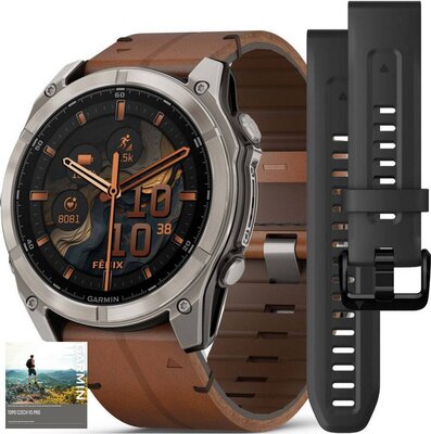 Garmin Fenix 8 AMOLED 51mm, Exclusive Titanium Graphite Brown Leather Band (Premium) (+ náhradní řemínek)