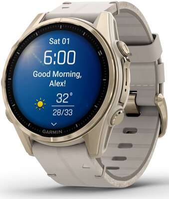 Garmin Fenix 8 AMOLED 43 mm, Sapphire Soft Gold Stainless Steel Fog Gray Limestone Leather Band (Premium) (+ náhradní řemínek)