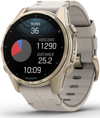 Garmin Fenix 8 AMOLED 43 mm, Sapphire Soft Gold Stainless Steel Fog Gray Limestone Leather Band (Premium) (+ náhradní řemínek)