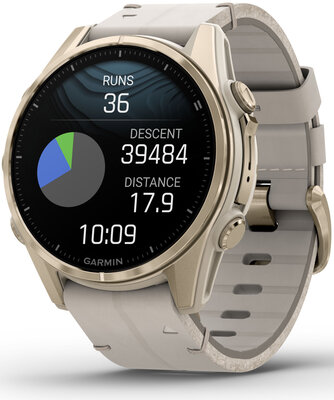 Garmin Fenix 8 AMOLED 43 mm, Sapphire Soft Gold Stainless Steel Fog Gray Limestone Leather Band (Premium) (+ náhradní řemínek)