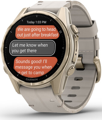 Garmin Fenix 8 AMOLED 43mm, Sapphire Soft Gold Stainless Steel Fog Gray Limestone Leather Band (Premium) (+ náhradní řemínek)