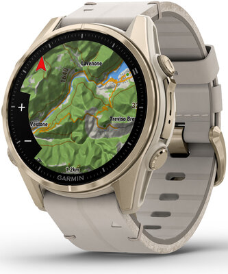 Garmin Fenix 8 AMOLED 43mm, Sapphire Soft Gold Stainless Steel Fog Gray Limestone Leather Band (Premium) (+ náhradní řemínek)