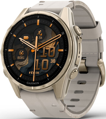 Garmin Fenix 8 AMOLED 43mm, Sapphire Soft Gold Stainless Steel Fog Gray Limestone Leather Band (Premium) (+ náhradní řemínek)
