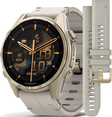 Garmin Fenix 8 AMOLED 43mm, Sapphire Soft Gold Stainless Steel Fog Gray Limestone Leather Band (Premium) (+ náhradní řemínek)