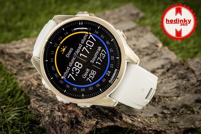 Garmin Fenix 8 AMOLED 43mm, Sapphire Soft Gold Stainless Steel Fog Gray Limestone Leather Band (Premium) (+ náhradní řemínek)